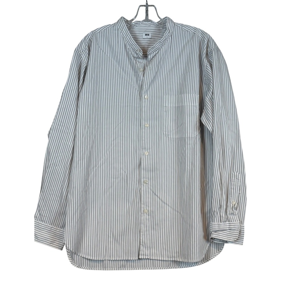 Uniqlo Mens Large White Pinstripe Band‎ Collar Button Up Cotton Shirt Preppy